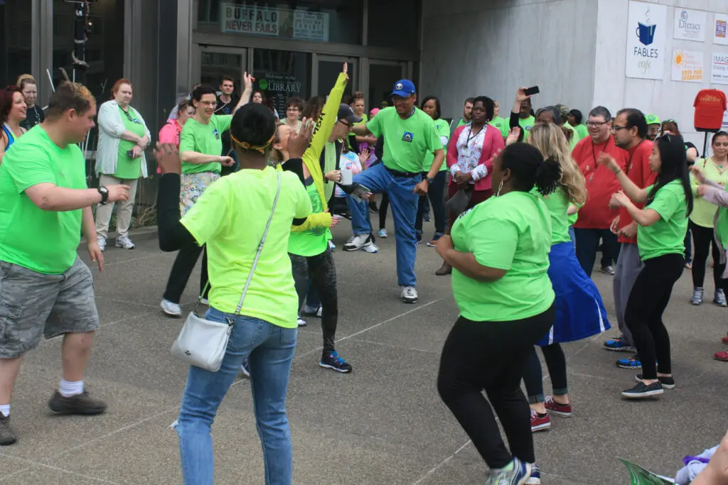 MHPC flash mob dancers outside of the Buffalo Public Library