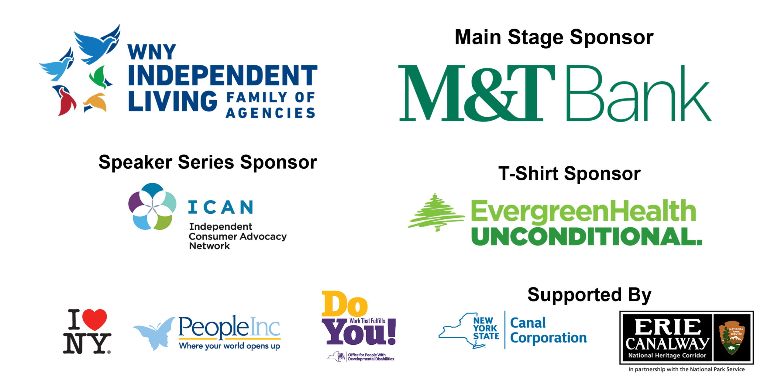 Disability Pride Sponsors: WNY Independent Living, M&T Bank, ICAN, Evergreen, I Love New York, People Inc., Office of People with Developmental Disabilities, NYS Canal Corporation and Erie Canal Corp.