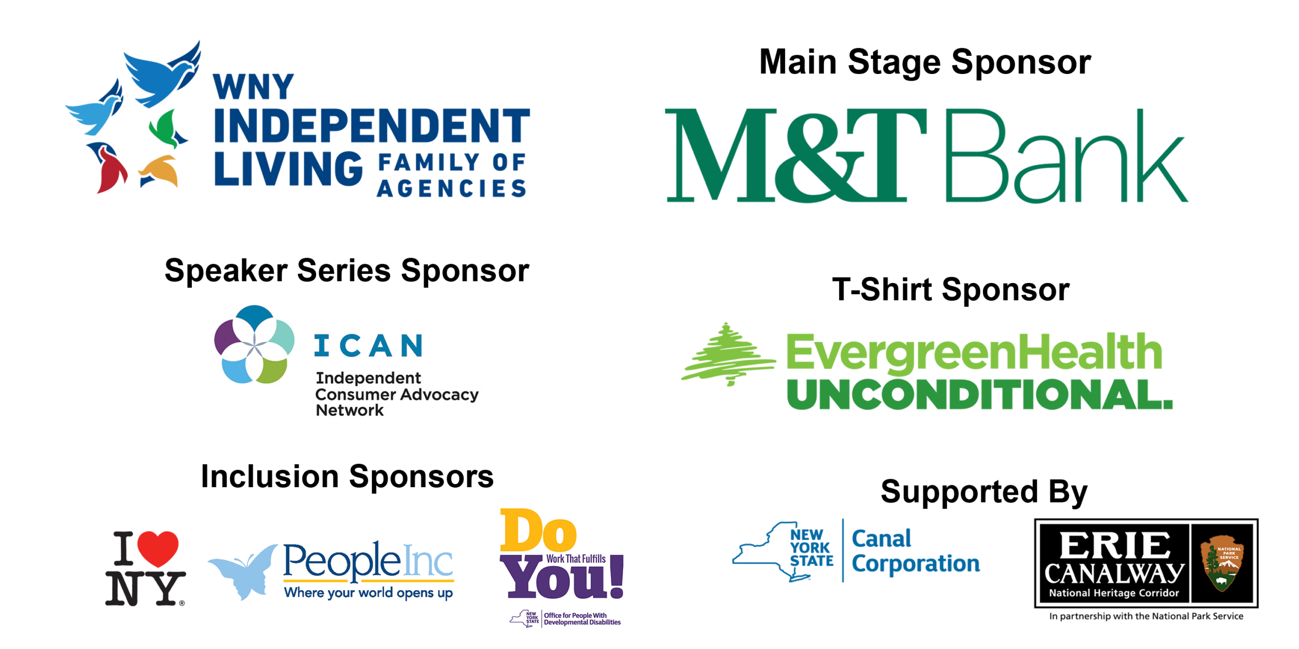 Disability Pride Sponsors: WNY Independent Living, M&T Bank, ICAN, Evergreen, I Love New York, People Inc., Office of People with Developmental Disabilities, NYS Canal Corporation and Erie Canal Corp.